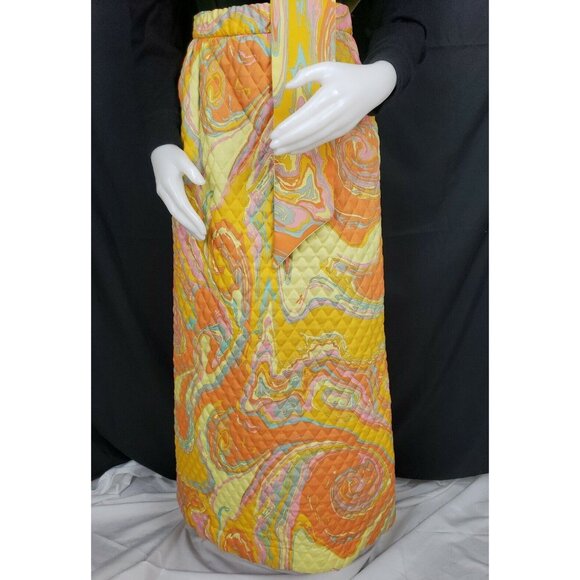 70s Bold Orange Oil Slick Quilted Maxi Skirt Sz 10 Park East by Swirl Mod Op Art - Picture 4 of 15